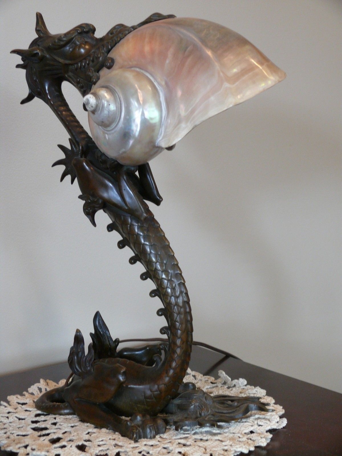 Art Nouveau French Bronze Dragon Nautilus Shell Lamp 1900s