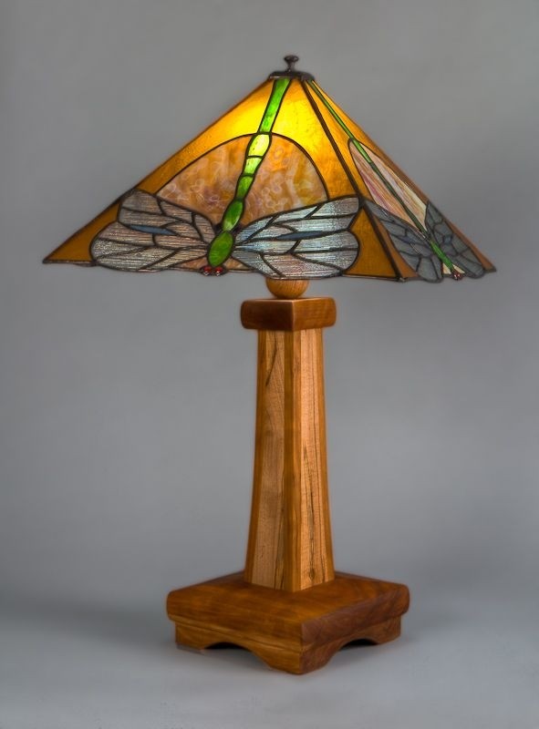 Dark hollow stained glass dragonfly arts and crafts table lamp