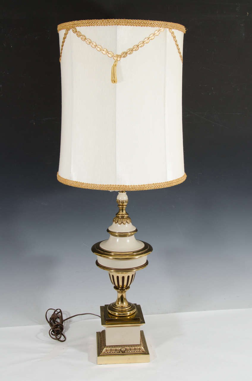 Hollywood Regency Style Pair Of Brass Cream Colored Stiffel Table Lamps