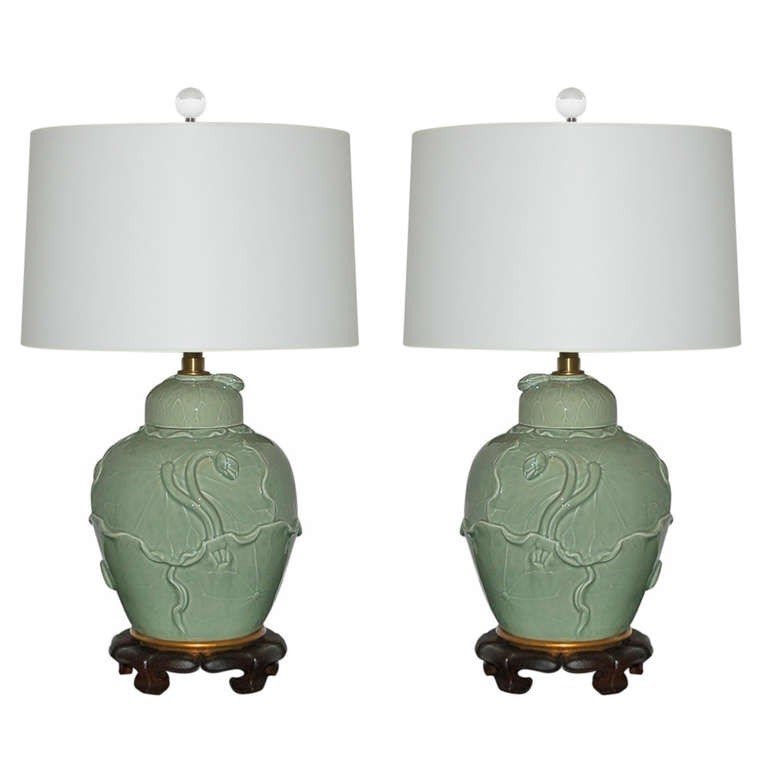 Pair of vintage celadon lamps marbro lamp company