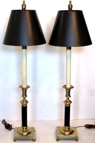 Pair Vintage Frederick Cooper 37 Brass Candlestick Table Lamps W Black Shades
