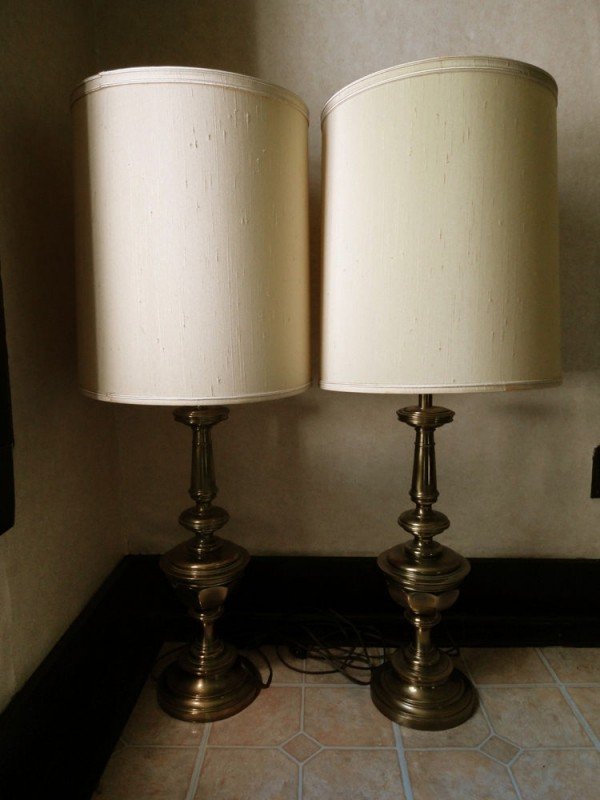 Pair Vintage Stiffel Brass Table Lamps 36 Stiffel Shades Mid Century Trophy