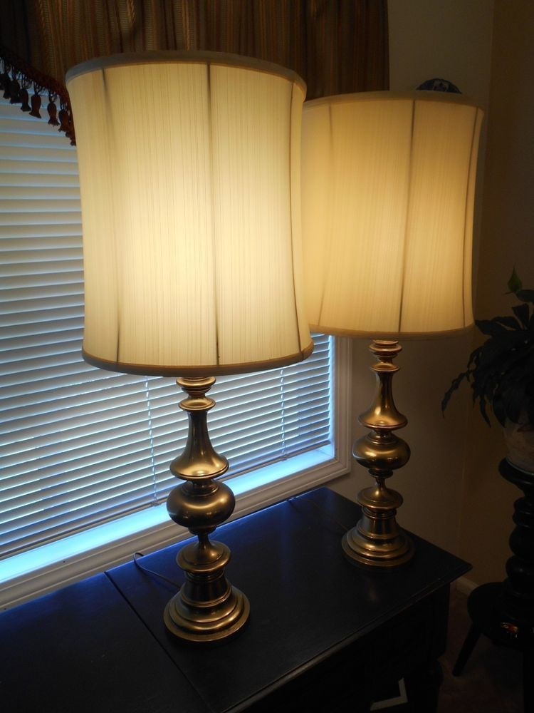 Pair Vtg Footed Antique Brass Tall Table Lamps Stiffel Ethan Allen