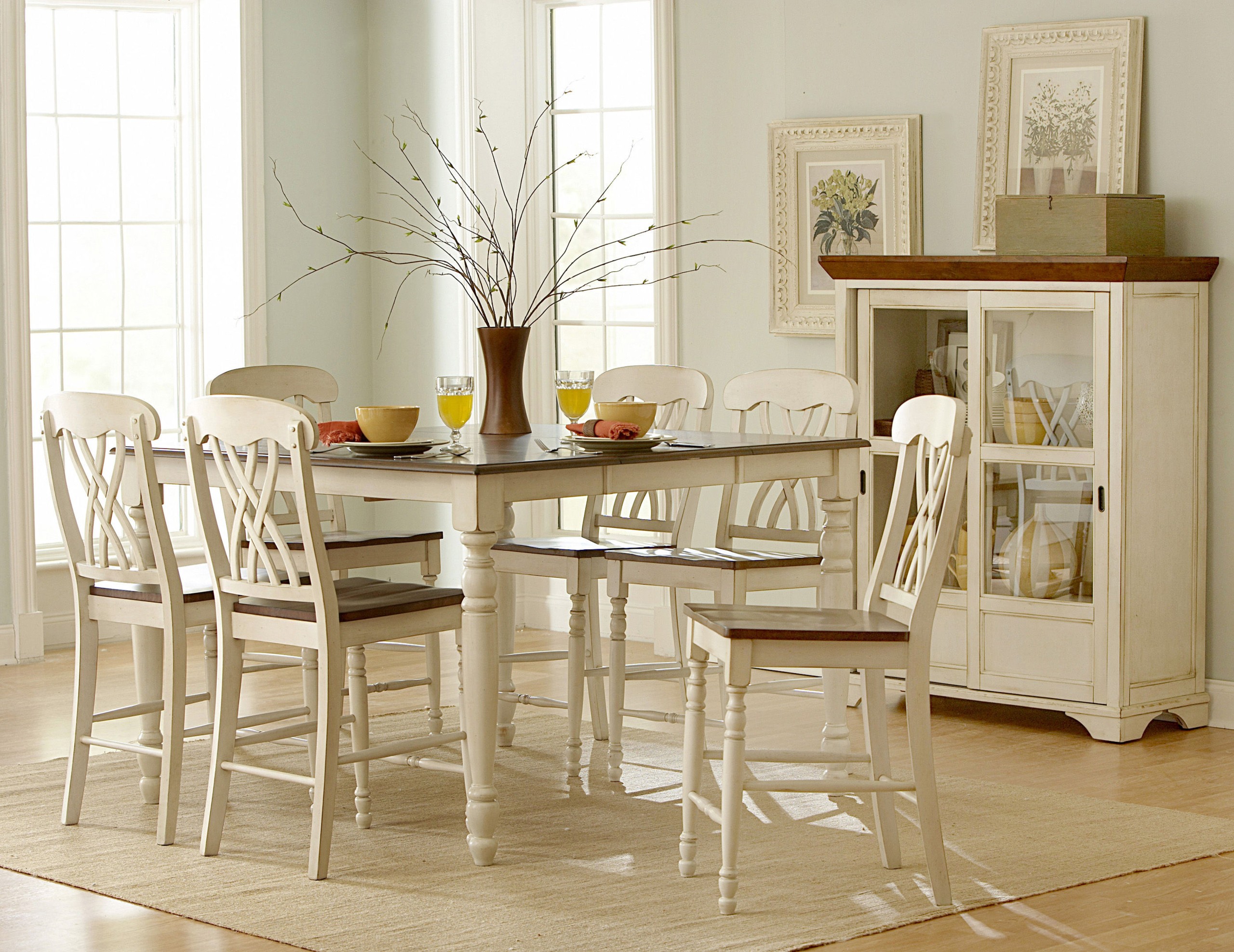Sole 7pcs Cottage White Cherry Square Counter Height Dining Table Chairs Set