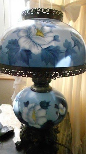 Vintage Hand Painted Blue Yellow Gone With The Wind Hurricane Parlor Table Lamp