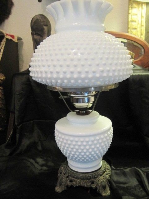 Vintage hobnail white milk glass lamp hurricane lamp