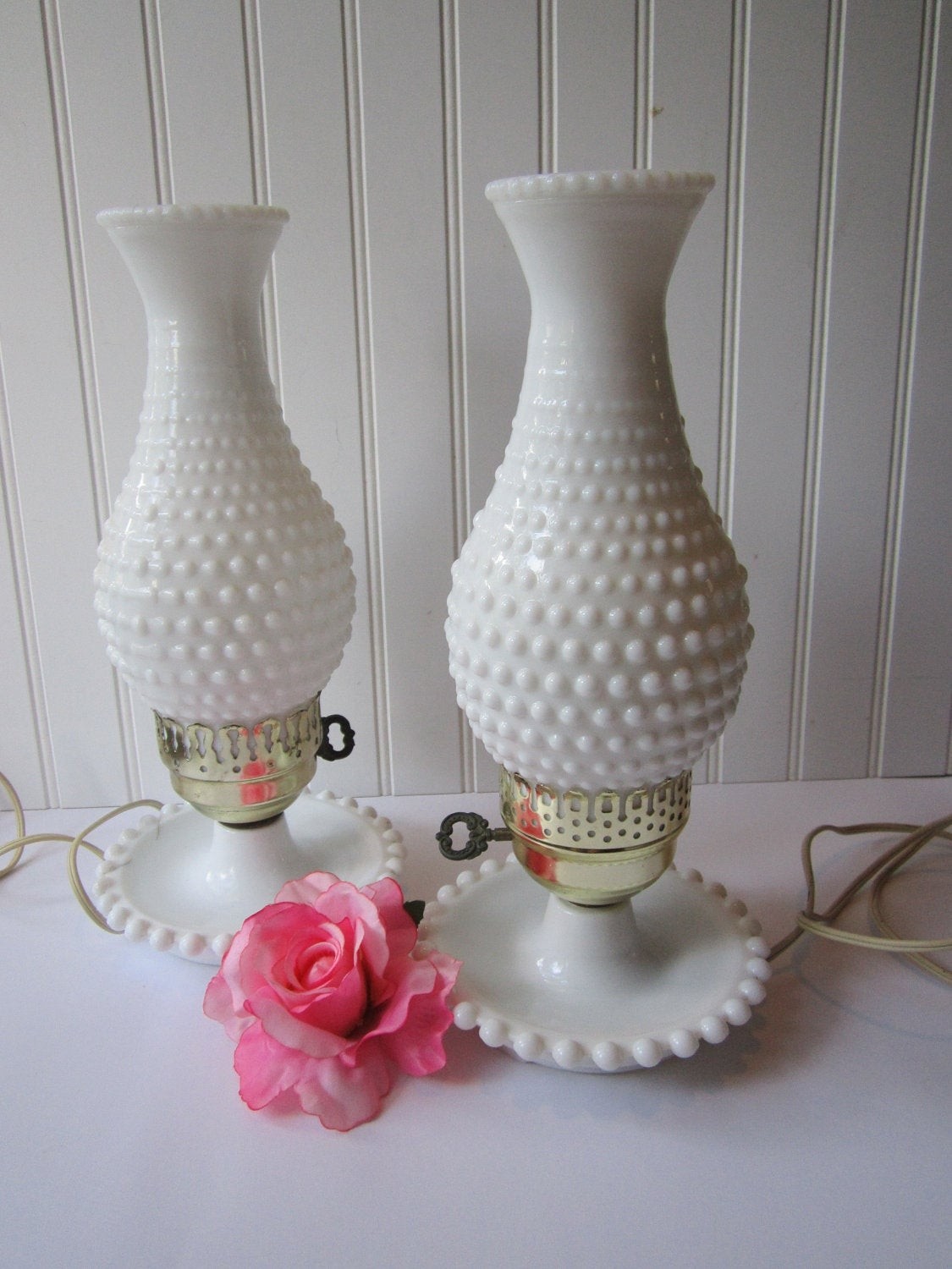 milk glass lamps with flowers