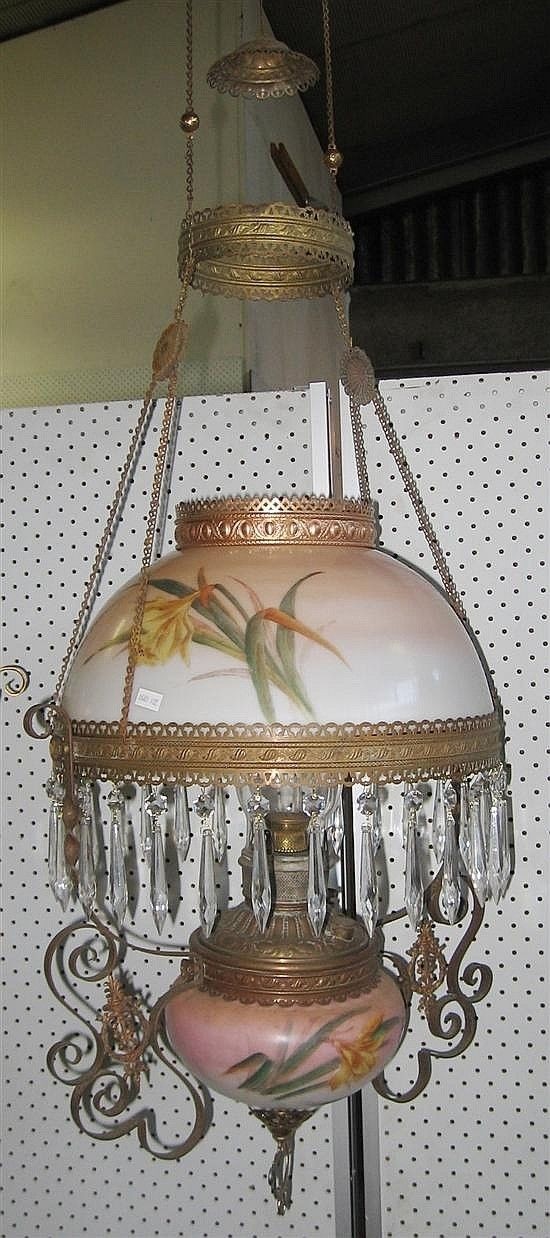 A 19th century miller hanging lamp hand painted yellow florals
