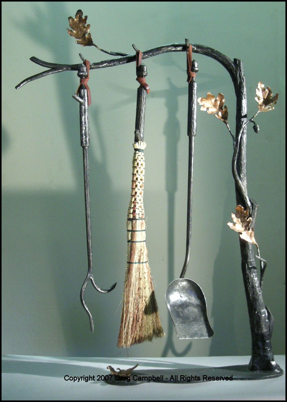 Fireplace tools with stand forged iron and bronze