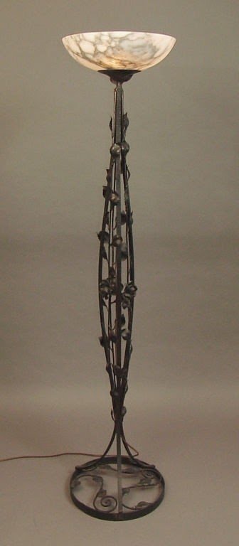 French art deco wrought iron alabaster torchiere floor lamp
