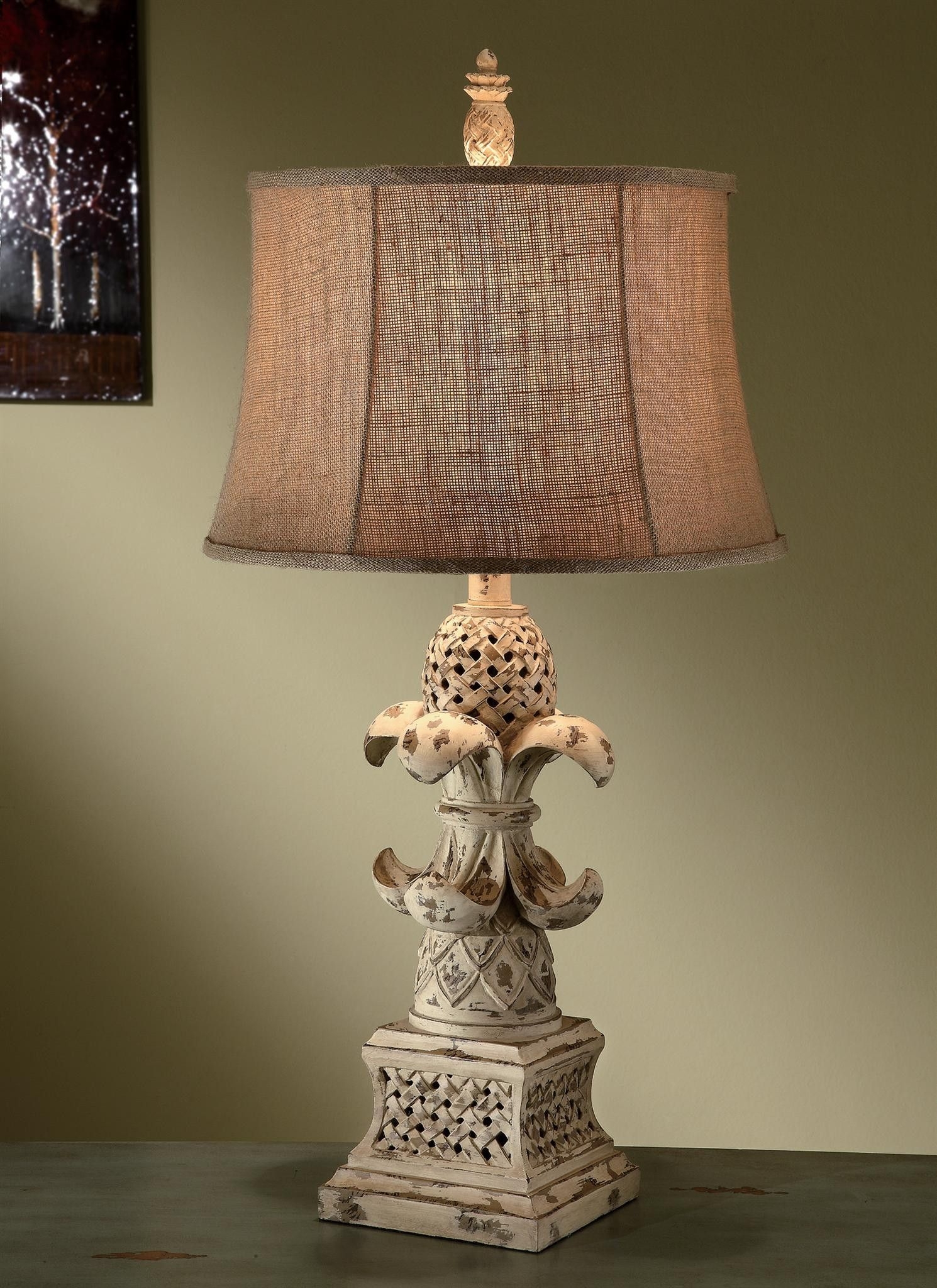 French Country Fleur De Lis Table Lamp Burlap Shade Shabby Cottage Chic Tuscan