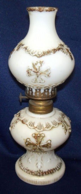 Old 1894 Mini Miniature Maltese Cross Milk Glass Oil Lamp W Matching Shade