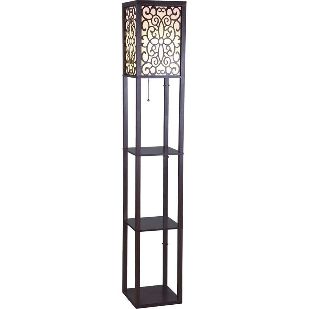 63"H Brown Wooden Shelf Floor Lamp with Floral Shade Panels - 6958BR-A