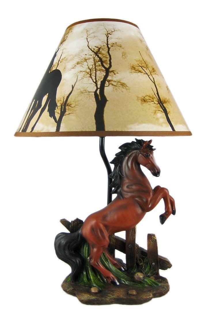 Brown Stallion Horse Table Lamp W/ Nature Print Shade