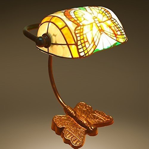 BYB® HF-BK06004 Tiffany Style Banker Butterfly Desk Lamp Bronze Finished Table Lamp with 9.4 Inches Shade