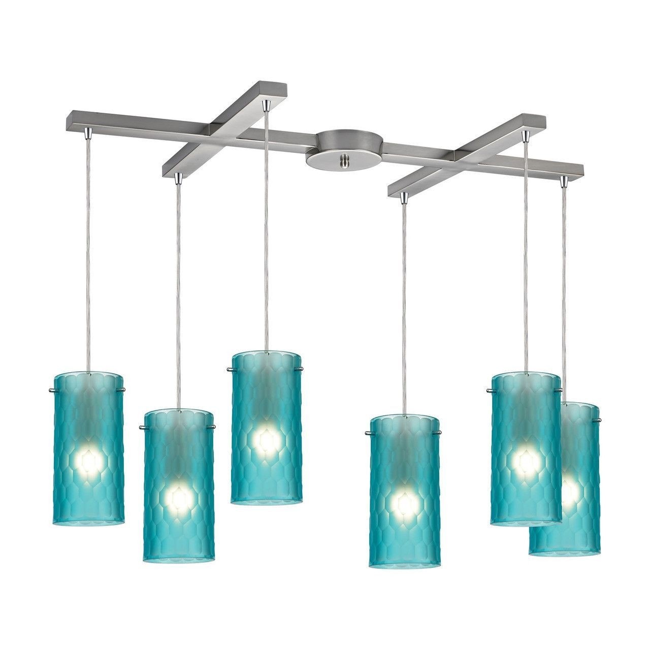 Elk Lighting 10243/6FA Synthesis - Six Light Pendant, Satin Nickel Finish with Frosted Aqua Glass