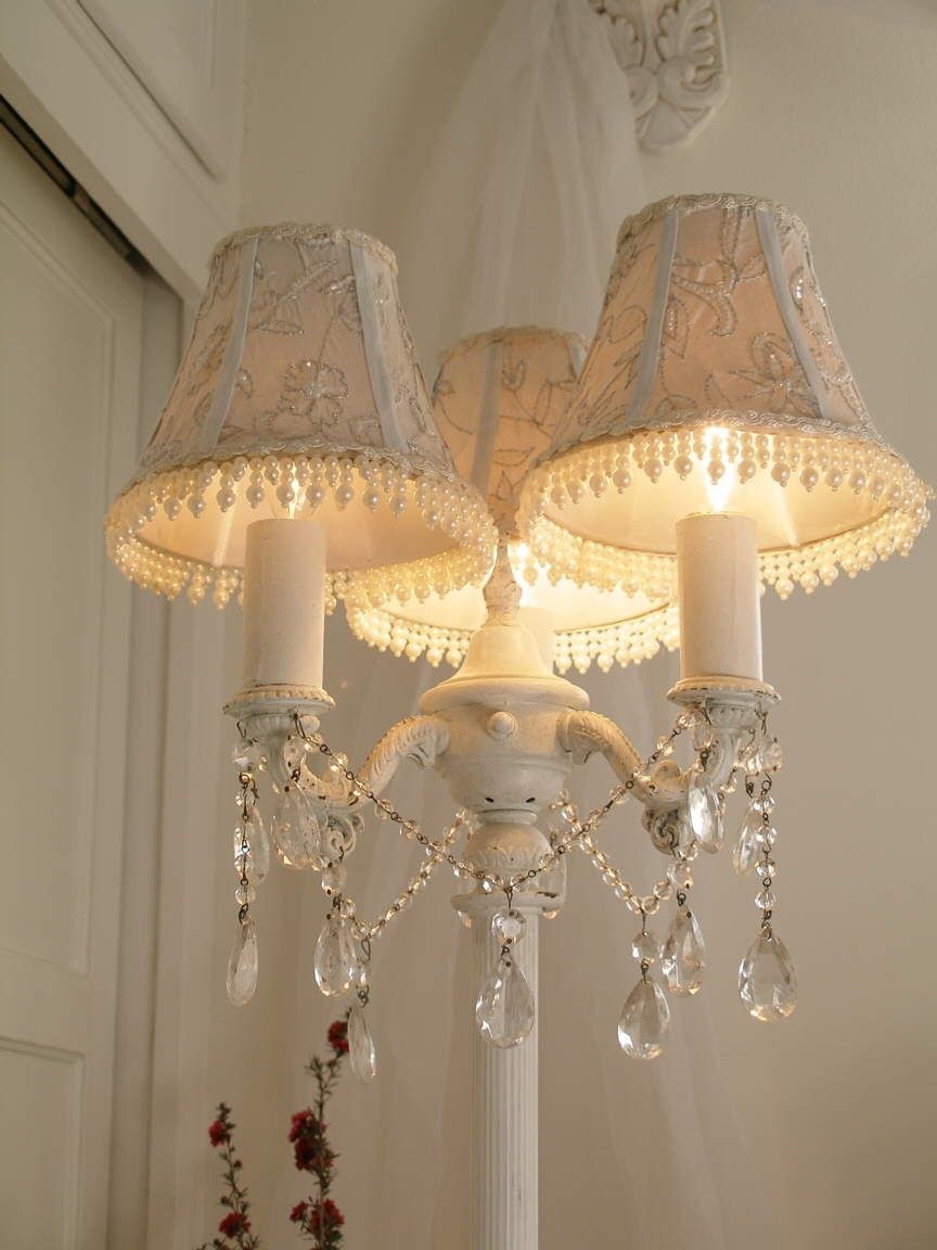 Exquisite French Chic Shabby Vintage Crystal Floor Lamp Handbeaded Silk Shades