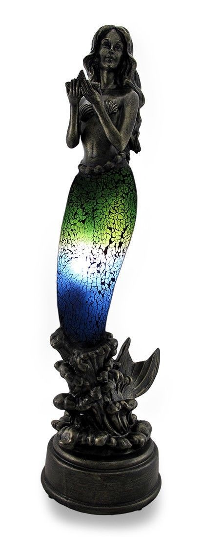 Green and Blue Crackled Glass Sculptural Mermaid Accent Lamp