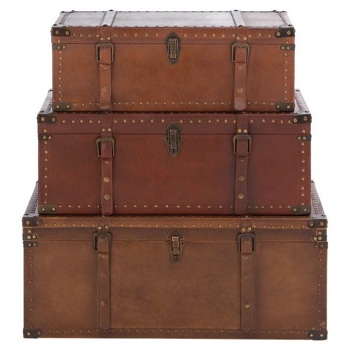 Set of three aged leather and wood trunks product small