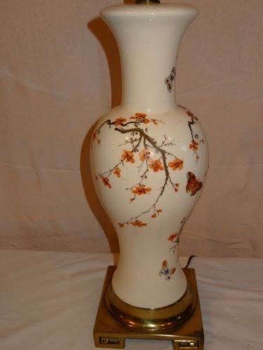 Vtg Butterfly Porcelain Table Lamp Hand Painted Frederick Cooper Cherry Blossoms