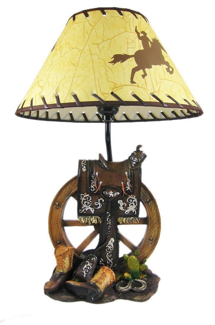 Western Saddle Table Lamp W/ Cowboy Print Shade