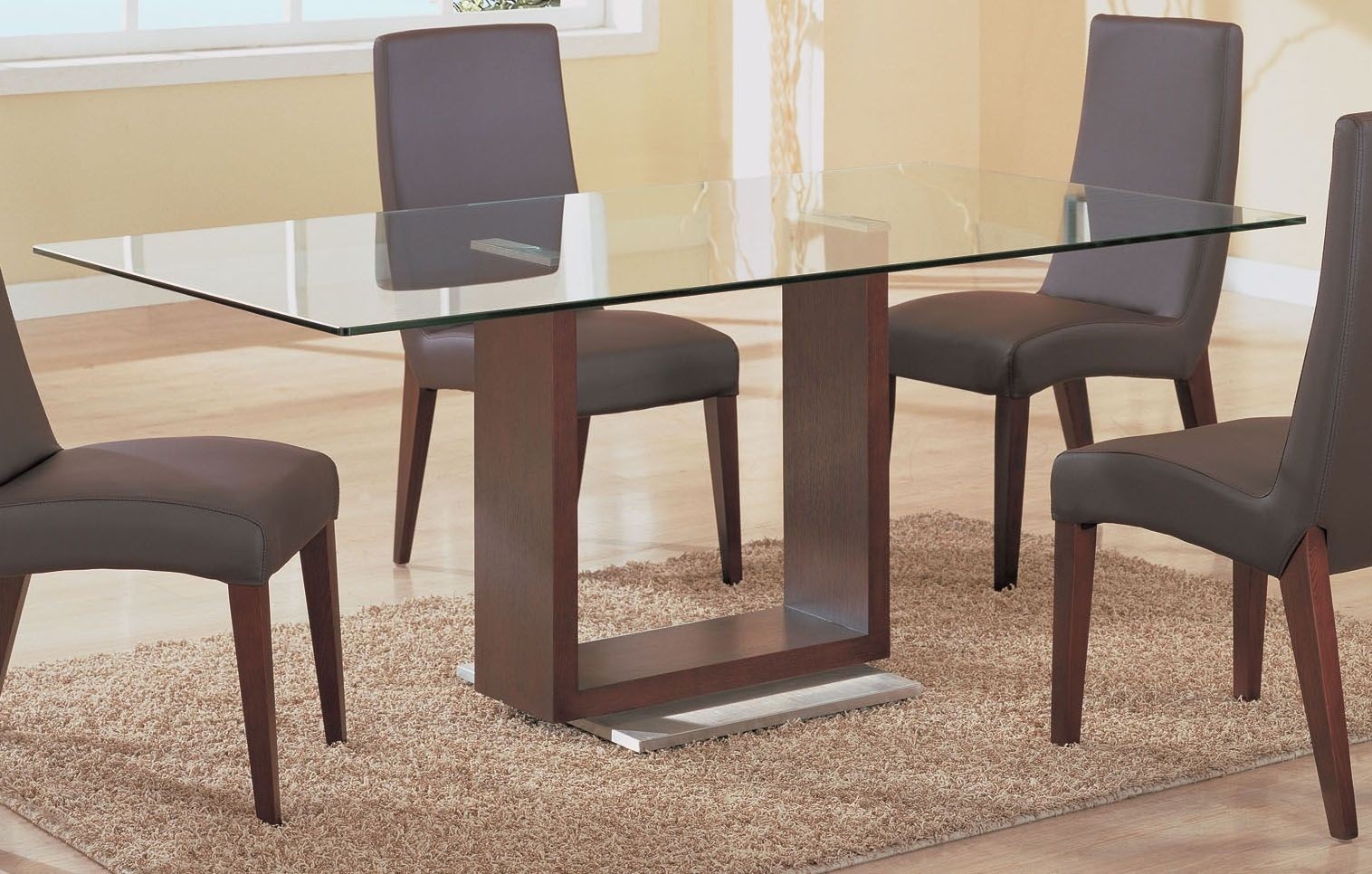 Glass top wood base store dining table