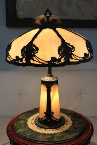 Antique Slag Glass Lamp With Lighted Base Circa 1915