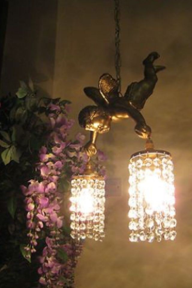 Fabulous Antique Vintage French Gilt Flying Cherub Chandelier 2 Crystal Lights