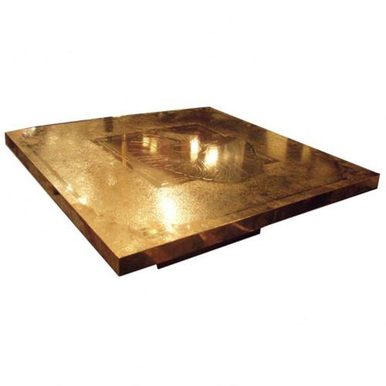 Large square modernist cocktail table in etched brass
