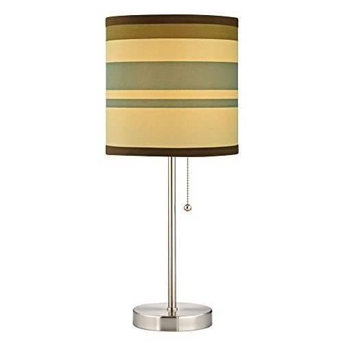 Satin Nickel Pull-Chain Table Lamp with Striped Drum Shade