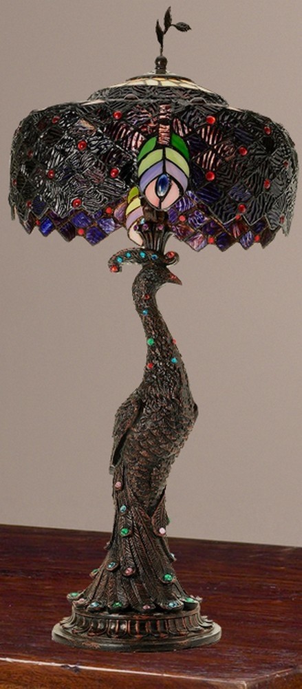 Tiffany style stained glass jeweled harlequin peacock table lamp purple