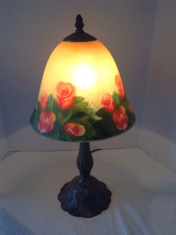 Bronze Art Deco Reverse Painted Glass Lamp Shade W Roses Approx 17 Tall