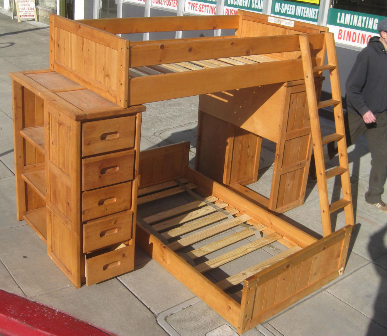 wood bunk bed with desk and drawers