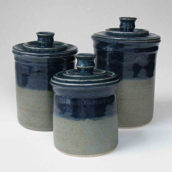 Kitchen set of 3 canisters midnight blue and woodland green
