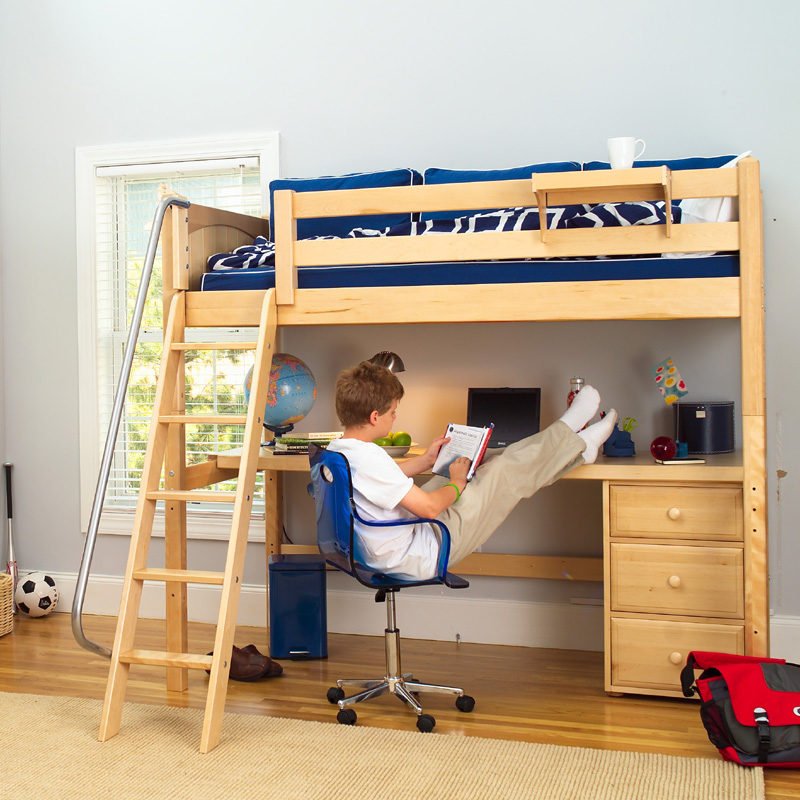 Maxtrix kids high loft bed shown with long desk natural