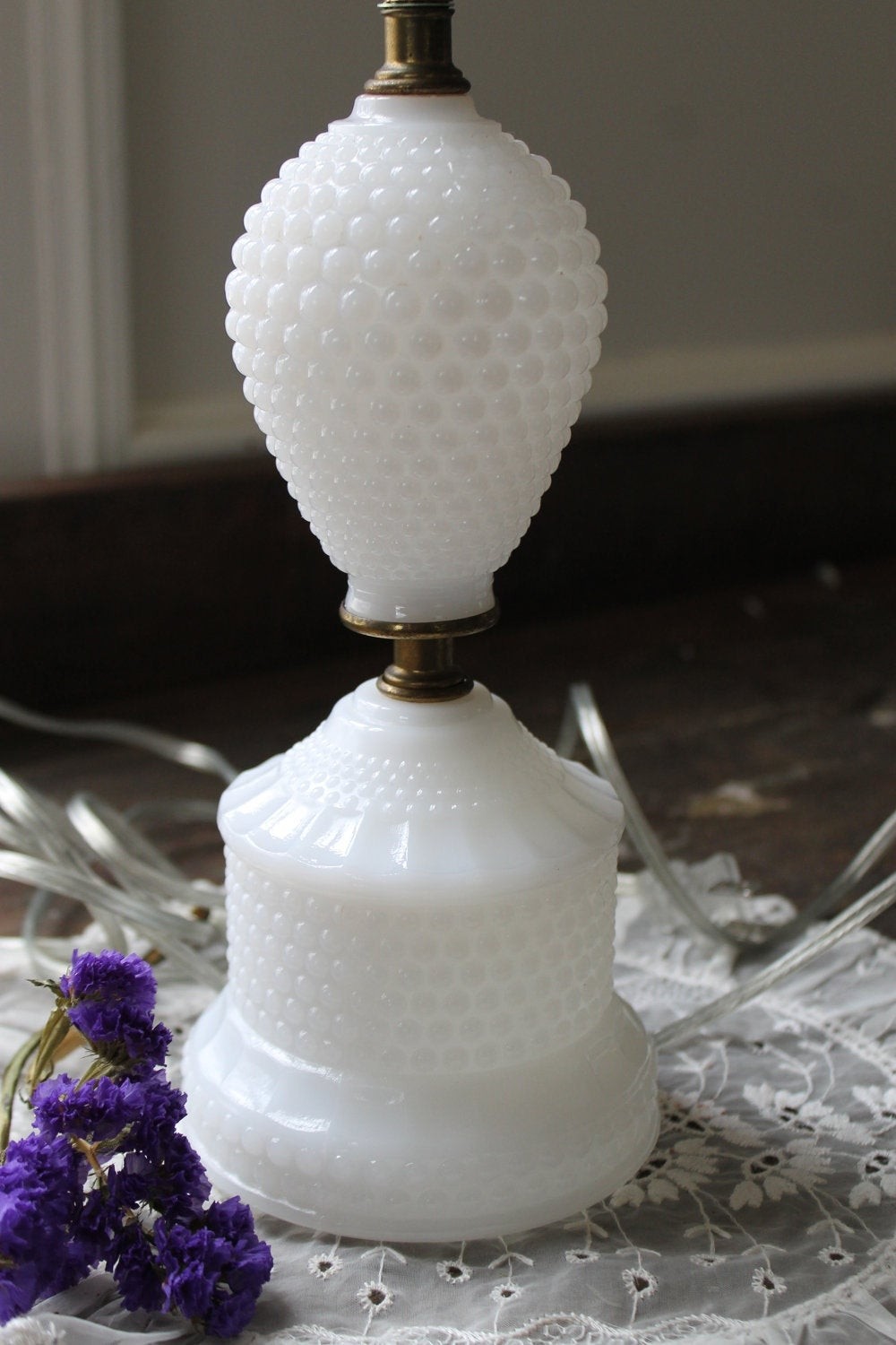 Vintage milk glass table lamp hobnail