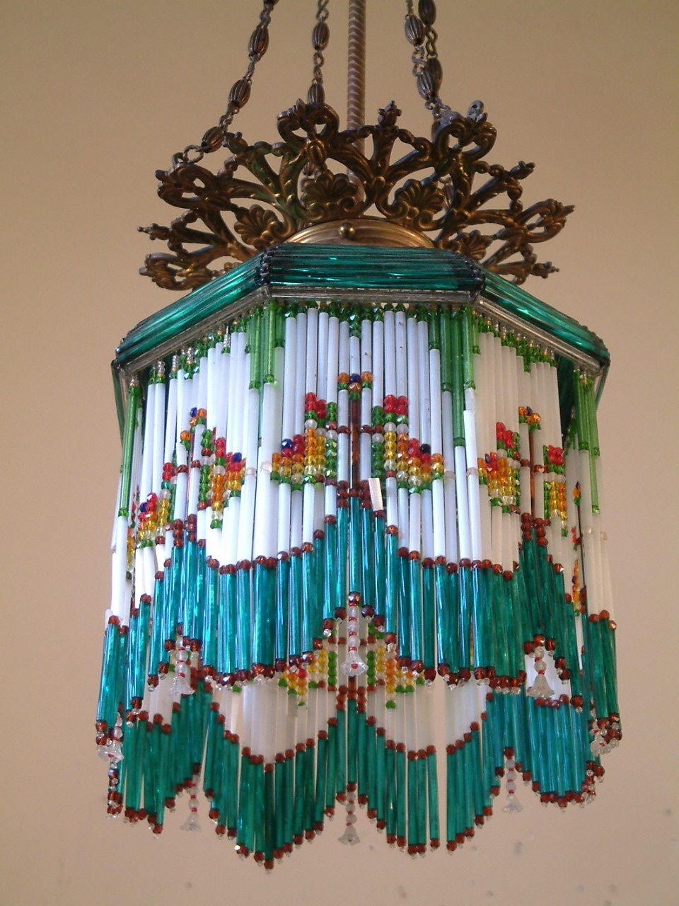 Antique 1900s Czech 10x11 Mercury Glass Beaded Chandelier Lamp Shade 3 Collar