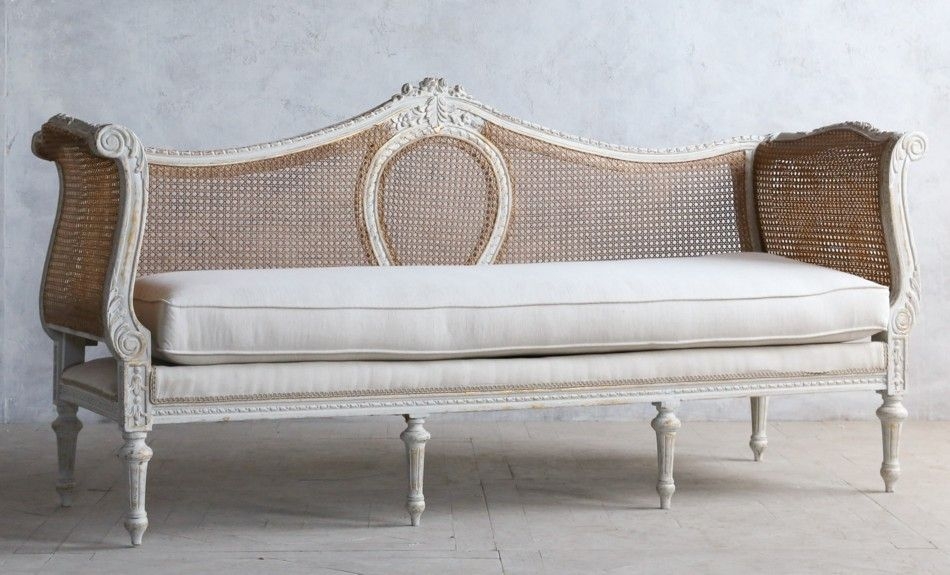 Vintage louis xvi french style serpentine gilt daybed cane linen