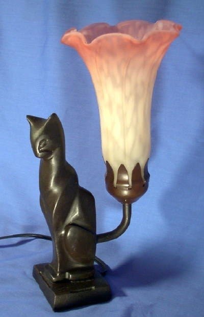 Art deco cat lamp bronzed with tiffany style tulip shade