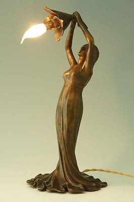 Art nouveau figural bronze lamp lady holding a flower by