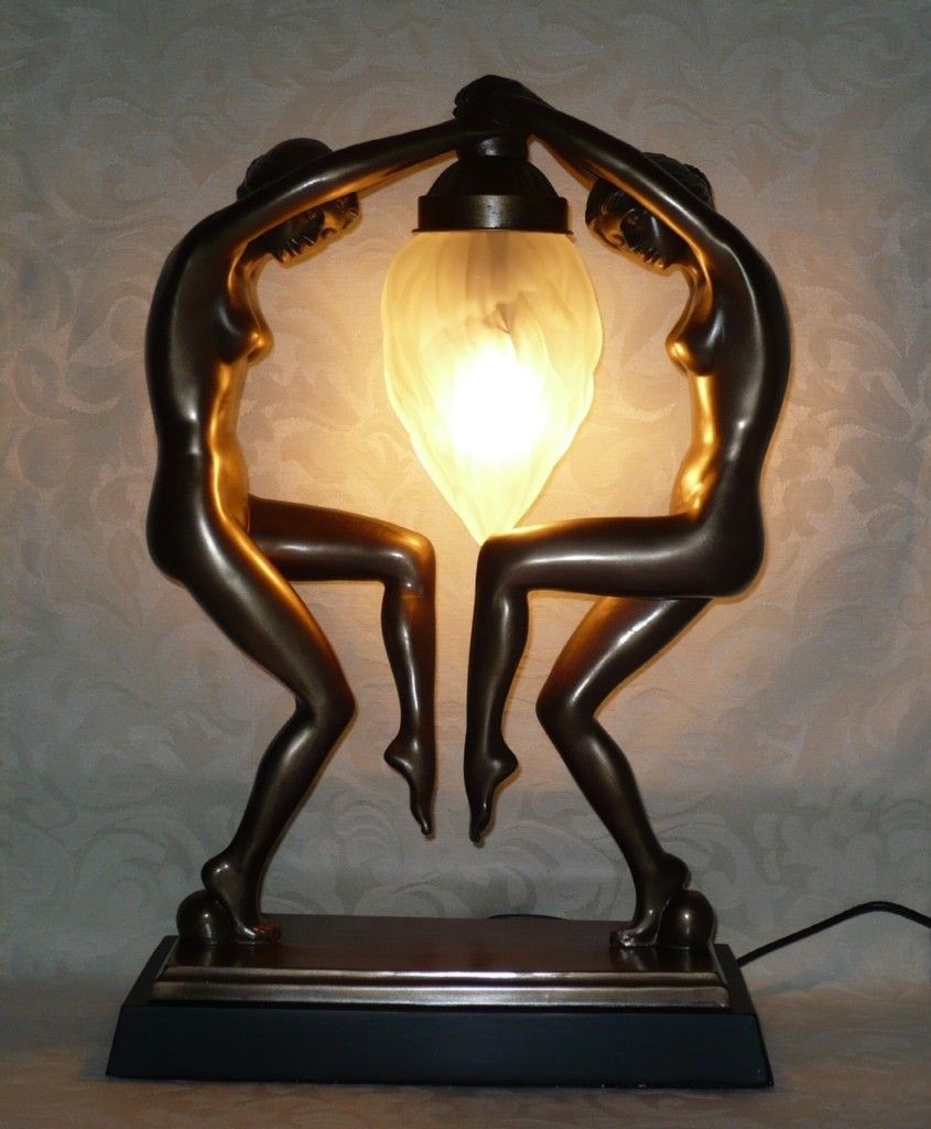 Exquisite art deco twin lady cold cast bronze lady lamp