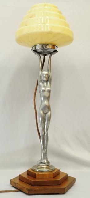 Huge Antique Art Deco Diana Nude Lady Lamp Working Honey Marbled Stepped Shade