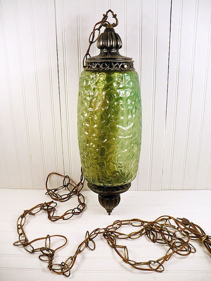 Vintage swag lamp green glass metal