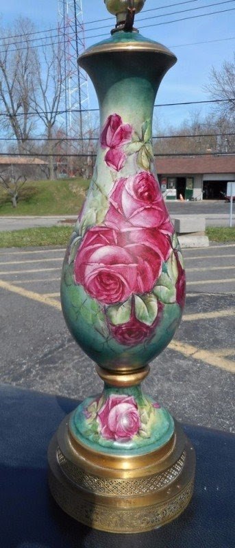 Vtg Antique Fabulous Porcelain Hand Painted Roses Table Lamp Signed Limoges