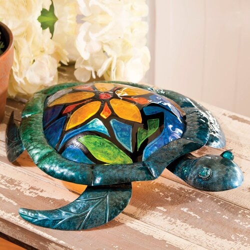 Embossed and Hand Painted Glass and Metal Turtle with Flower 15.2" H Table Lamp