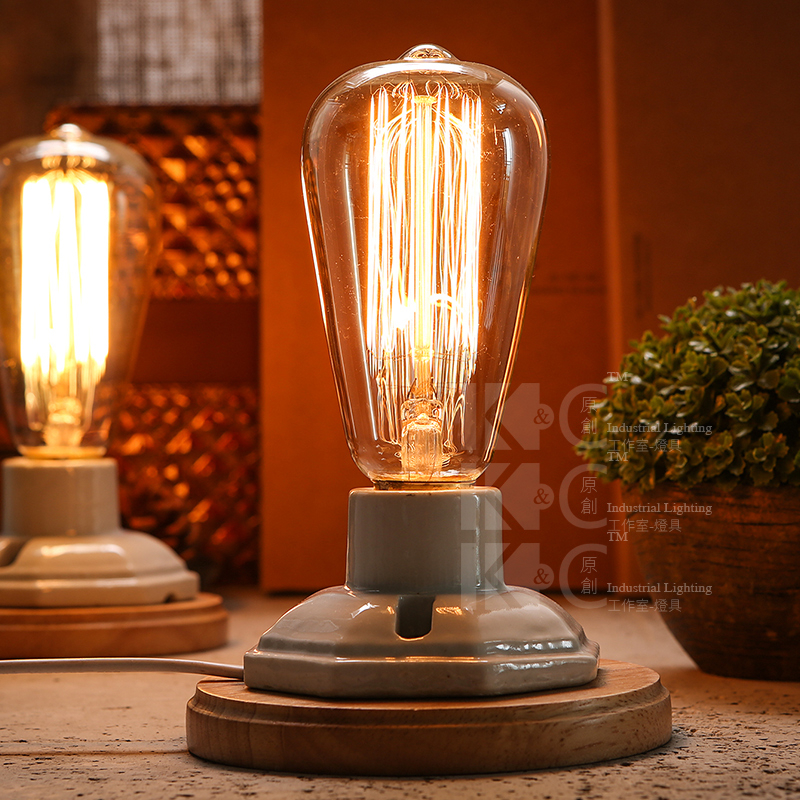 Injuicy Lighting Industrial Vintage Edison Wooden Ceramics Base Socket E27 Desk Light Table Lamp