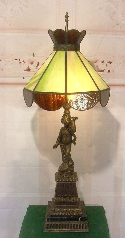 Antique Vintage Cherub Angel Table Lamp Fixture Light W Stained Glass Shade