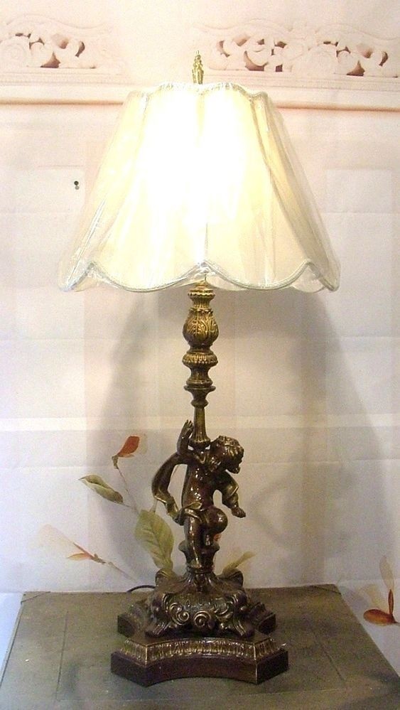 Antique Vintage Cherub Angel Table Lamp Light Fixture With Shade R