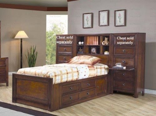 Full size bed with bookcase headboard in walnut finish feature