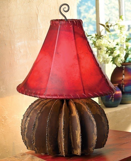 Iron barrel cactus lamp with red rawhide shade